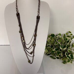 Layered Bronze-Tone Chains Necklace Green Accents Adjustable Length 28-30 Inches